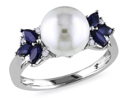9-9.5mm White Freshwater Cultured Pear with Sapphires Ring In 10K White Gold - 08DLG1004856PFW-4