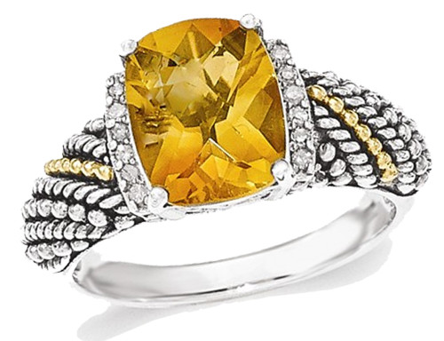 Sterling Silver with 14K Gold Accents Antiqued Citrine Ring 2.50 Carat (ctw) - 68QGG1441CT-8