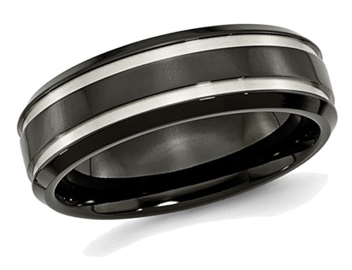 Mens Chisel 7mm Comfort Fit Black Titanium Wedding Band Ring with Groove - 28QGG0232GF-5
