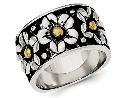 Ladies Antiqued Flower Daisy Ring in Sterling Silver with 14K Yellow Gold Center - 08QGG6515W-8