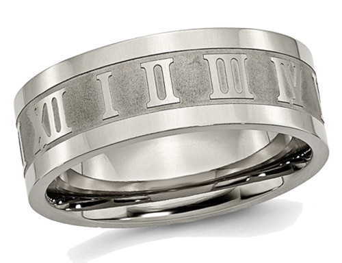 Mens Titanium Roman Numerals 8mm Satin Flat Wedding Band Ring - 28QGG0346GM-13