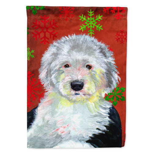 Caroline's Treasures LH9351-FLAG-PARENT Old English Sheepdog Red  Green Snowflakes Holiday Christmas Flag, , multicolor - LH9351GF