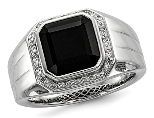 Mens Black Onyx Ring with Accent Diamonds in Rhodium Plated Sterling Silver - 68QGG5556OX-11