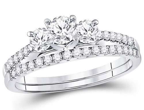 1.00 Carat (ctw G-H, I1) Three Stone Diamond Engagement Ring Bridal Wedding Band Set 14K White Gold - 08GDG69176W-6