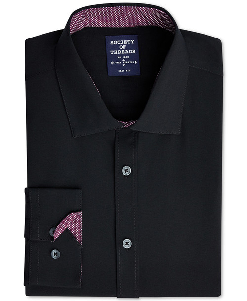 Society of Threads Men's Slim-Fit Performance Stretch Solid Dress Shirt Black Size Medium