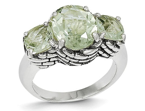 Green Amethyst Three Stone Ring 4.50 Carat (ctw) in Sterling Silver - 68QGG0082GR-7
