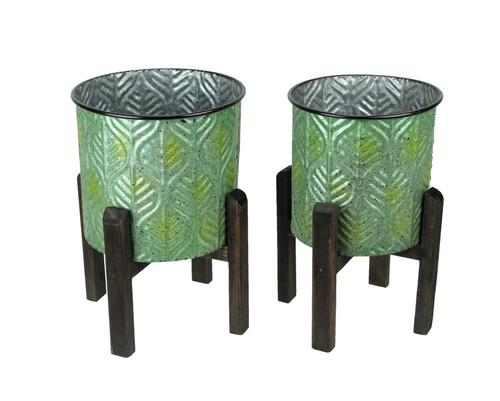 Set of 2 Green Leaf Pattern Stamped Metal Planters With Wooden Stands