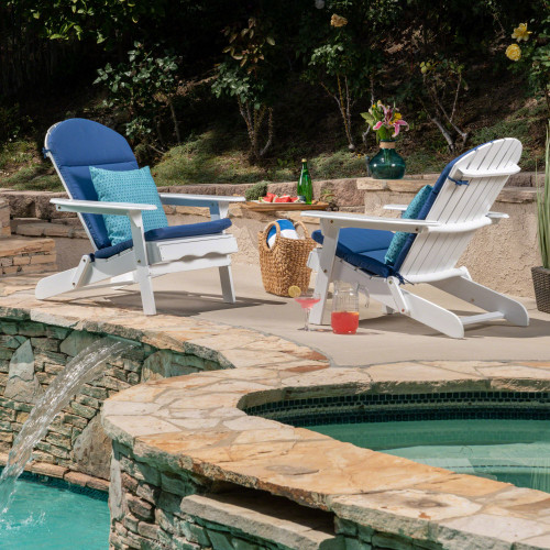 Set of 2 White and Navy Blue Outdoor Patio Adirondack Chairs with Cushions 35.25"