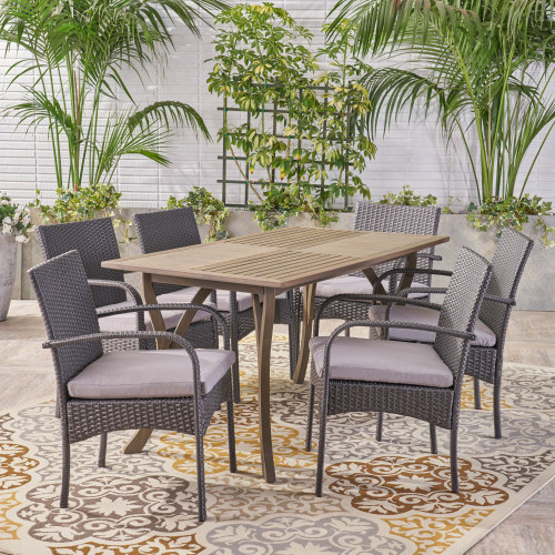 7-Piece Gray Finish Contemporary Outdoor Furniture Patio Dining Set - Silver Cushions