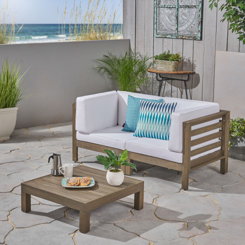3pc Gray and White Contemporary Outdoor Patio Cushioned Loveseat with Table Set 30.25"