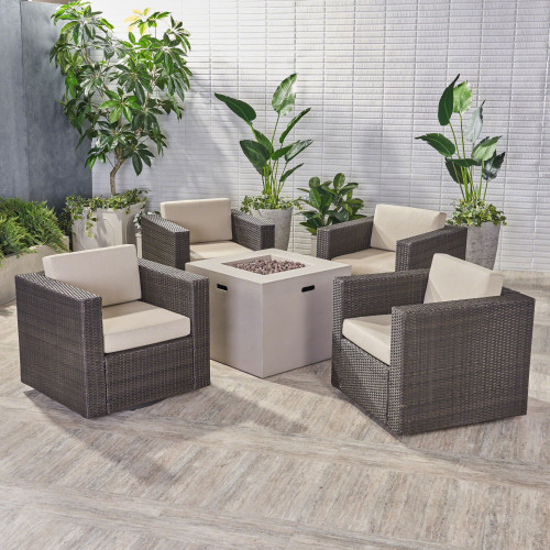 5pc Espresso Brown and Beige Contemporary Outdoor 4 Seater Chat Set with Fire Pit