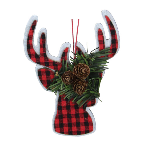 6" Red and Black Plaid Reindeer With Artificial Pine and Pine Cone Christmas Ornament