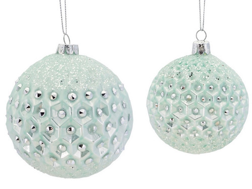 Set of 2 Silent Luxury Mint Green Frosted and Jeweled Glass Christmas Ball Ornaments