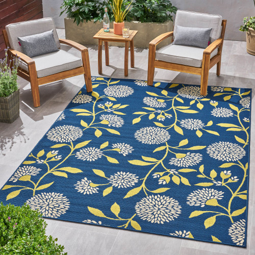 6.5' x 9.1' Blue and Green Floral Rectangular Outdoor Area Throw Rug