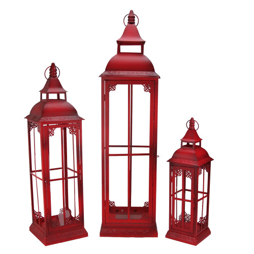 Set of 3 Red Weathered Metal & Glass Pillar Candle Lanterns - 38"