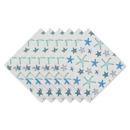 Set of 6 Blue and White Star Fish Printed Modern Style Napkins
