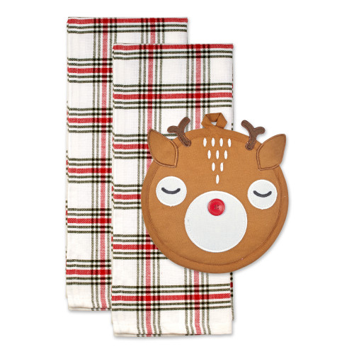 Set of 3 White and Red Rudy Reindeer Decorative Potholder and Dish Towel, 28"
