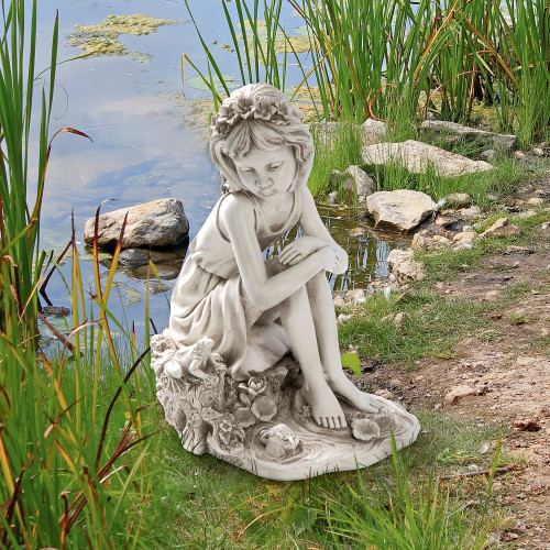 17" White and Gray Pausing by the Pond Little Girl Statue