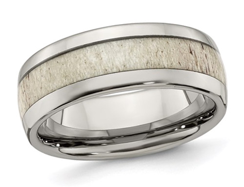 Mens Stainless Steel 8mm Wedding Band Ring with Antler Inlay - 88QGG0664GM-10