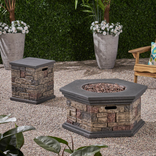 37" Mixed Brown Handcrafted Hexagon Outdoor Patio Fire Pit with Tank Holder