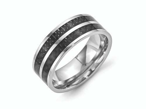 Chisel Stainless Steel 8mm Double Row Black Carbon Fiber Inlay Polished Wedding Band SR336 - SR336Y85