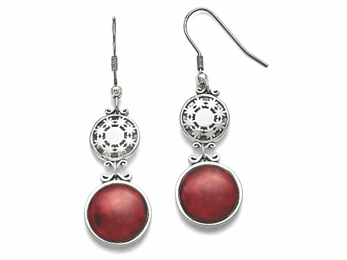 Chisel Stainless Steel Red Glass Polished Shepherd Hook Earrings