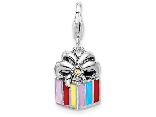 Sterling Silver Rhodium-plated Yellow Swarovski Enameled Present with Lobster Clasp Charm QCC1148T