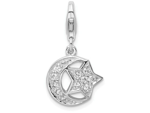 Sterling Silver Rhodium-plated Polished with Cz Moon and Star Lobster Clasp Charm QCC1169T