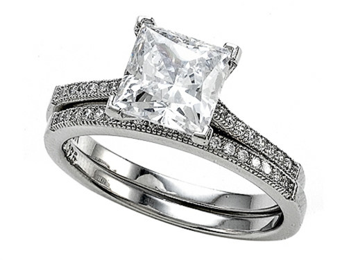 Zoe R Sterling Silver Micro Pave Hand Set Cubic Zirconia CZ Princess Cut Center Wedding Set BM10381 - BM10381T7