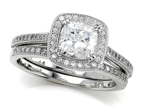 Zoe R Sterling Silver Micro Pave Hand Set Cubic Zirconia CZ Halo 6mm Cushion-Cut Center Wedding Set - BM10606T75