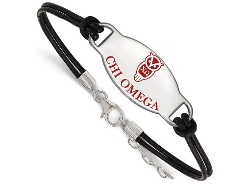 Logoart Sterling Silver Chi Omega Enameled Oval Black Leather Bracelet SS018CHOBK7T