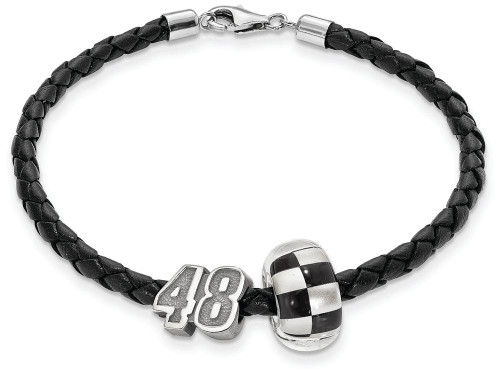 Logoart Sterling Silver Leather Bracelet One Crossed Flag Bead +48 Jimmie Johnson NASBS02448T