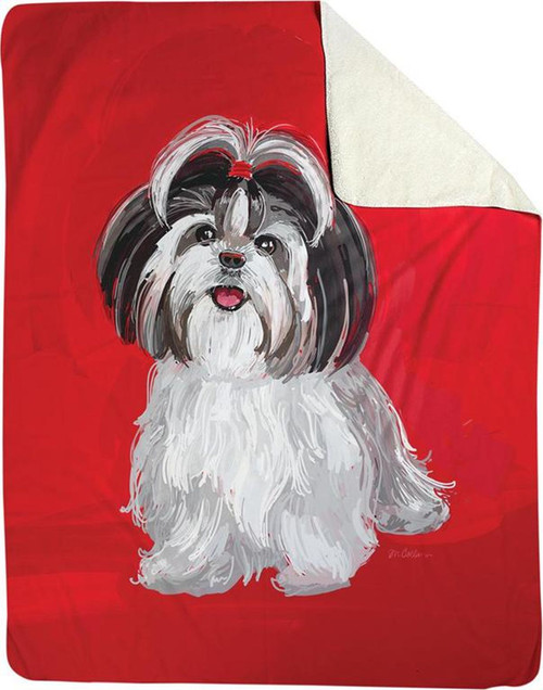 Red and White Shih Tzu Dog Printed Rectangular Fleece Throw 50 x 60"