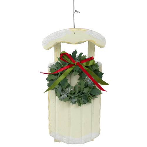 7" White Sled with a Wreath and Red Ribbon Christmas Ornament