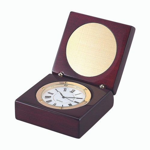 2.875" Wooden Square Box With Clock And Round Engraving Plate
