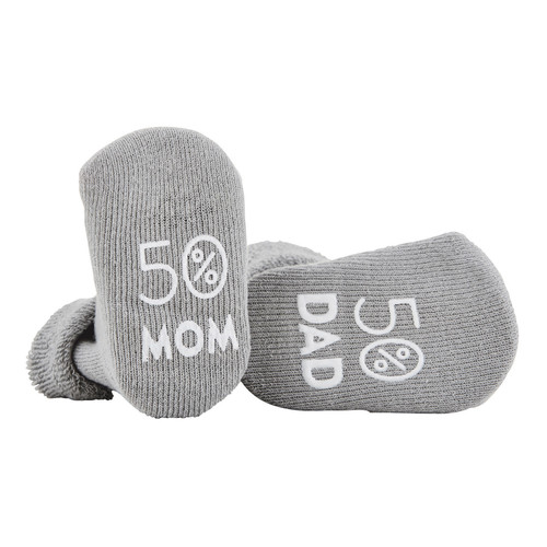 7" Gray Baby Socks With Cute Design: 50% MOM 50% DAD