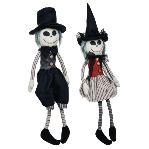 Set of 2 White and Black Skeleton Shelf Sitter Plush Halloween Figurines 26"