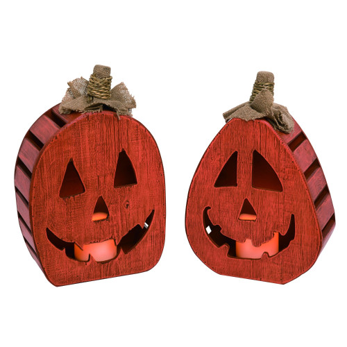 Set of 2 Orange Lighted Jack-O-Lantern Halloween Decors 14"