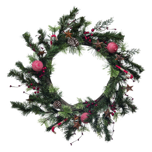 Green and Red Twig Bauble Artificial Christmas Wreath - 24-Inch, Unlit