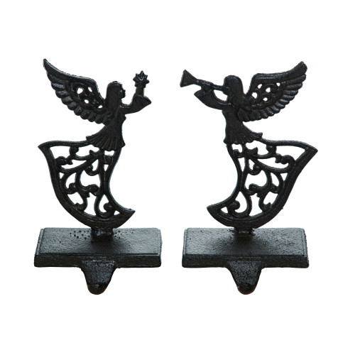Set of 2 Charcoal Black Contemporary Christmas Angel Stocking Hangers 8"