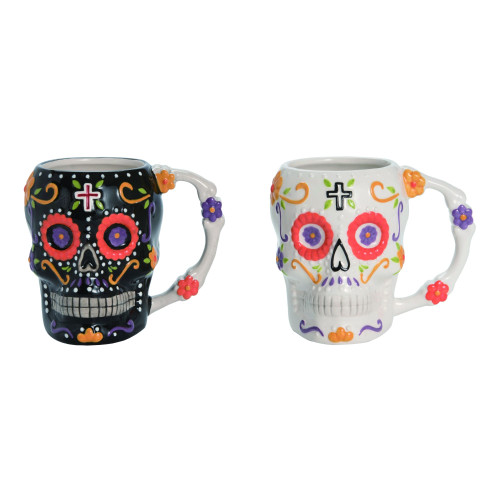 Set of 2 Black and White Day of the Dead Mug Halloween Decors 6"