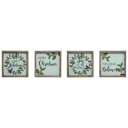 Set of 4 Red and Green Christmas Holly Leaf Sign Wall Decors 7"