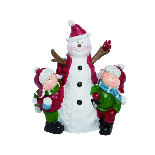 9" Red and White Christmas Snowman and Kids Figurine