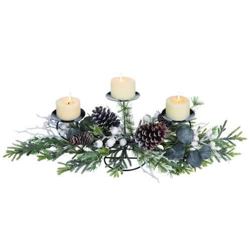 28" Frosted Pinecone and Berry Sparkling Christmas Candle Holder