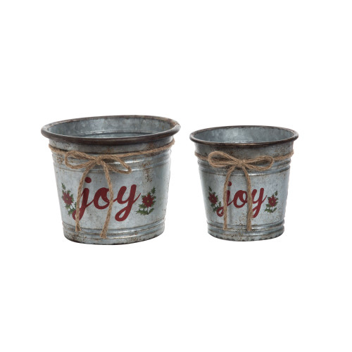 Set of 2 Red and Gray Galvanized Christmas Joy Containers 9"