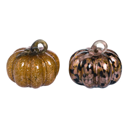 Set of 2 Green and Brown Glamour Pumpkin Thanksgiving Tabletop Decors 7"
