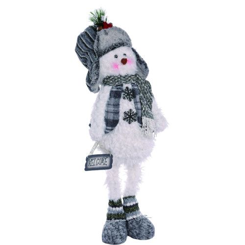 26" White and Gray "WELCOME" Fuzzy Snowman Christmas Plush Figurine