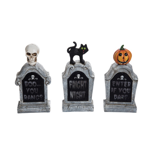 Set of 3 Gray and Orange Lighted Fright Night Tombstone Halloween Decors 9"