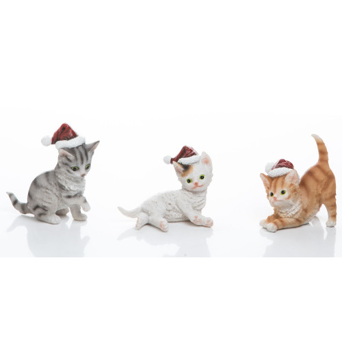 Set of 3 Brown and Gray Kitten with Santa Hat Christmas Figurines 4"