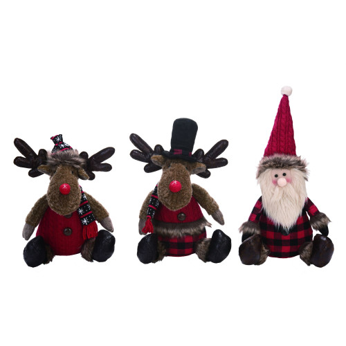 Set of 3 Red and Black Plush Rustic Sitting Character Christmas Decor 13"